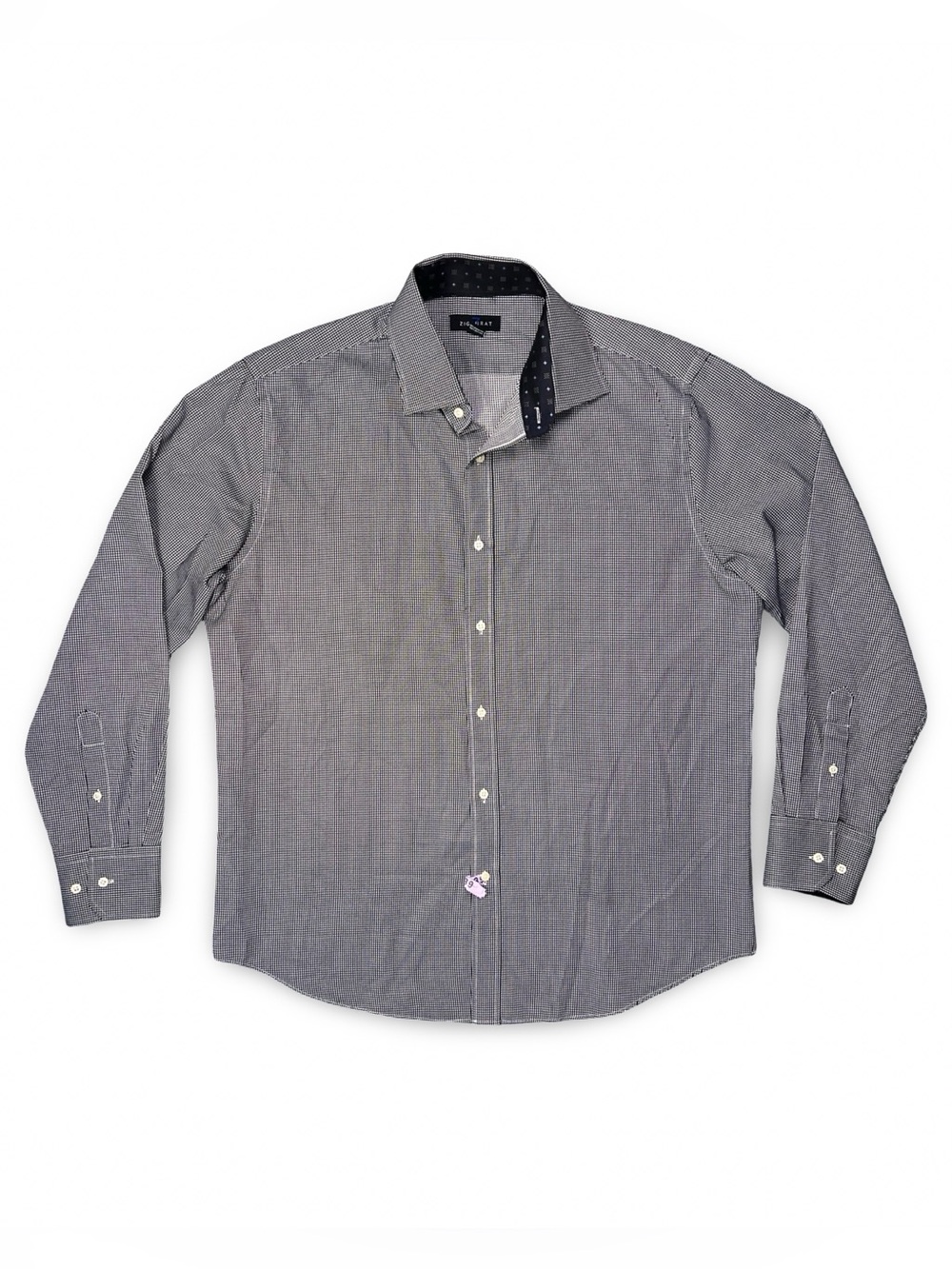 Ziggurat Mens Button Down Shirt Black White Micro Check Contrast Trim Large